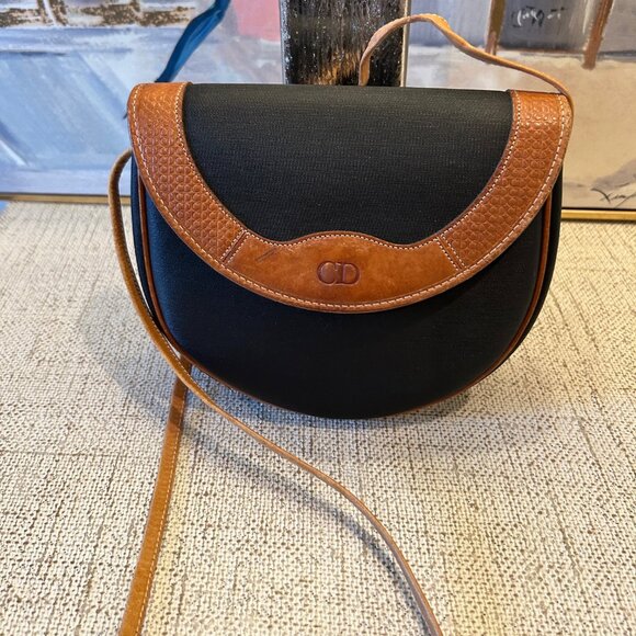 Vintage Christian Dior Black Canvas & Brown Leather Crossbody Bag - Picture 1 of 11